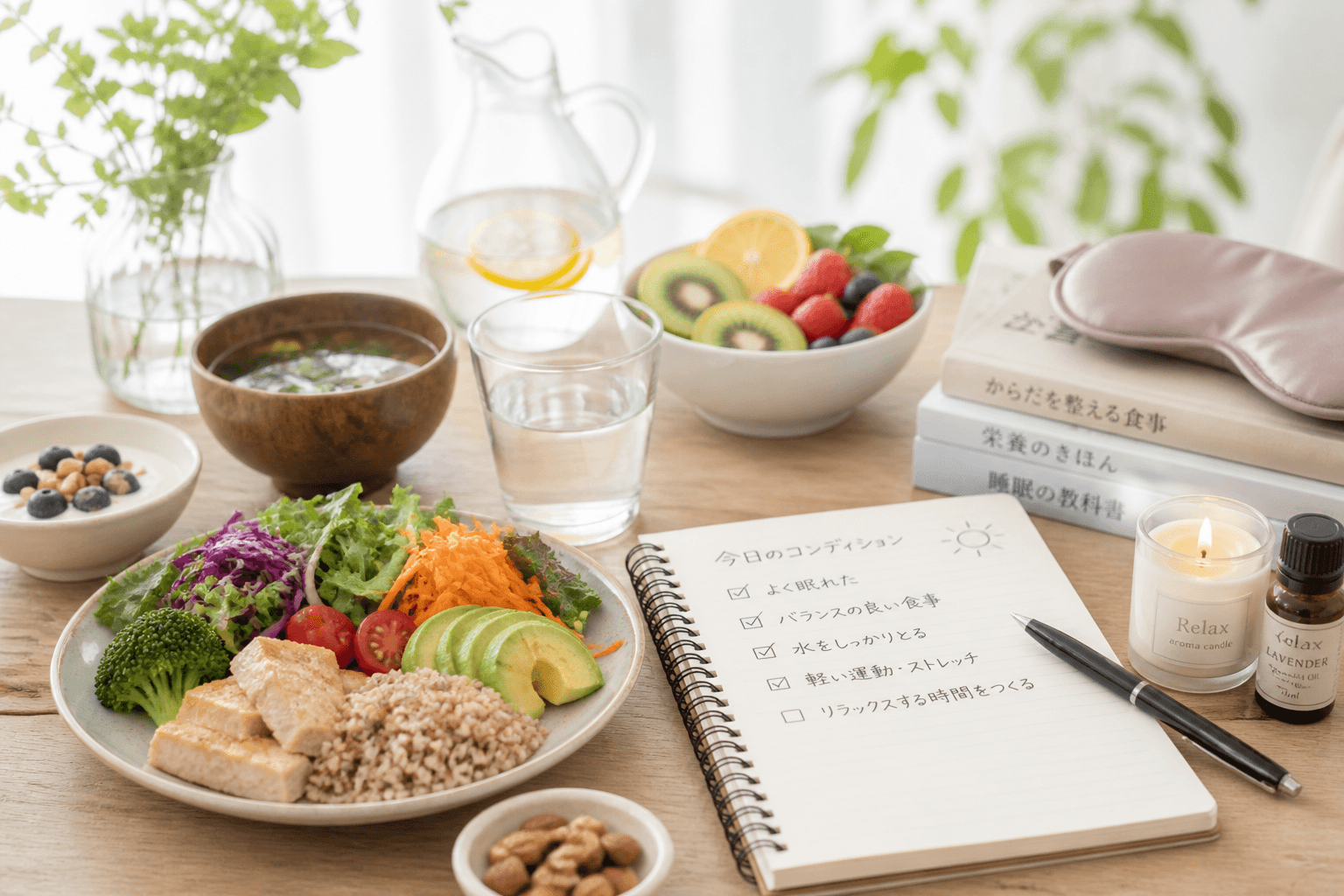 食事・水・果物・睡眠グッズが並ぶ生活感のある風景